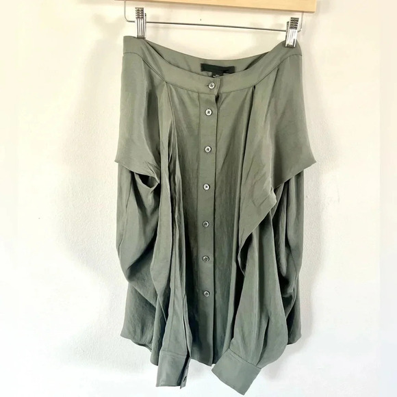 Alexander Wang Shirt Front Tie Waist Full Button Army Green Silky Skirt Size 2 - Picture 8 of 16